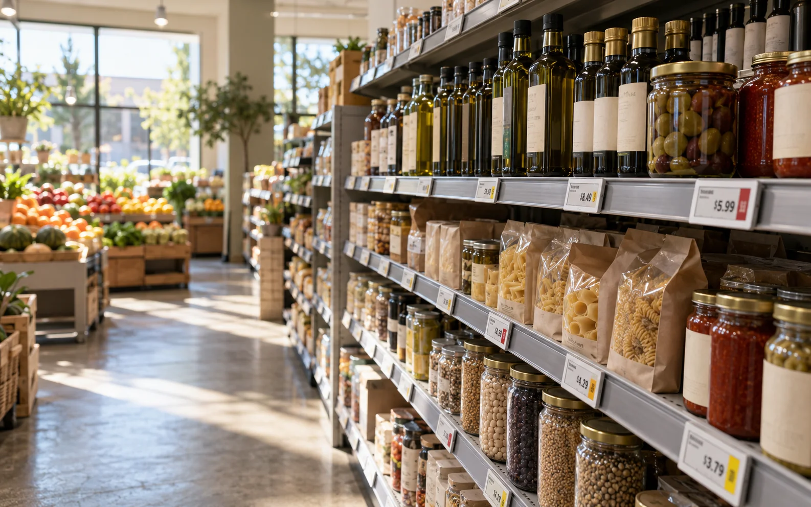 Electronic shelf labels along neatly stocked grocery shelves