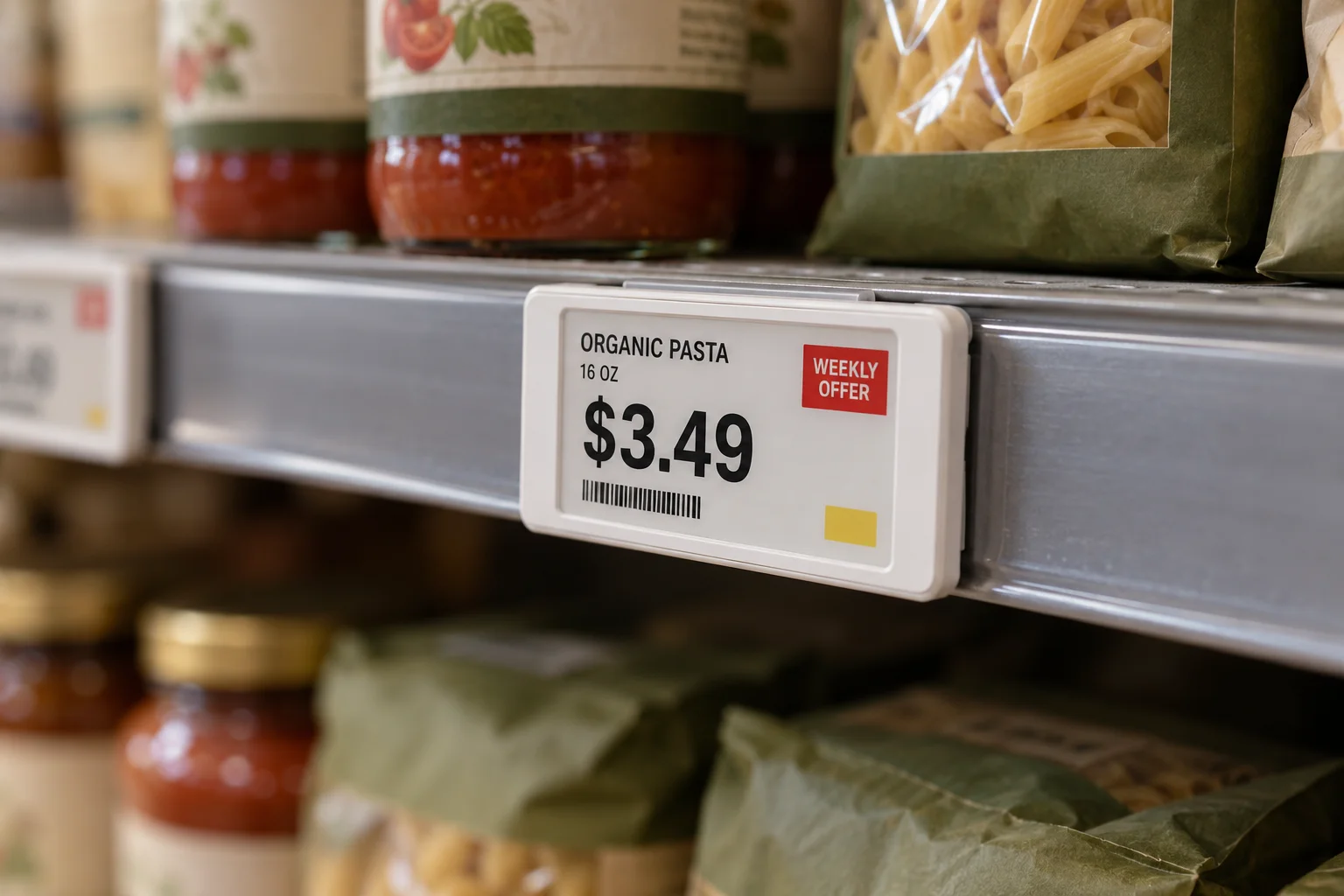 Electronic shelf label mounted beside neatly arranged store products